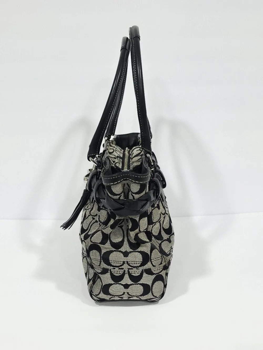 Coach Signature Jacquard Tote Bag Black Ivory Leather Trim F15665